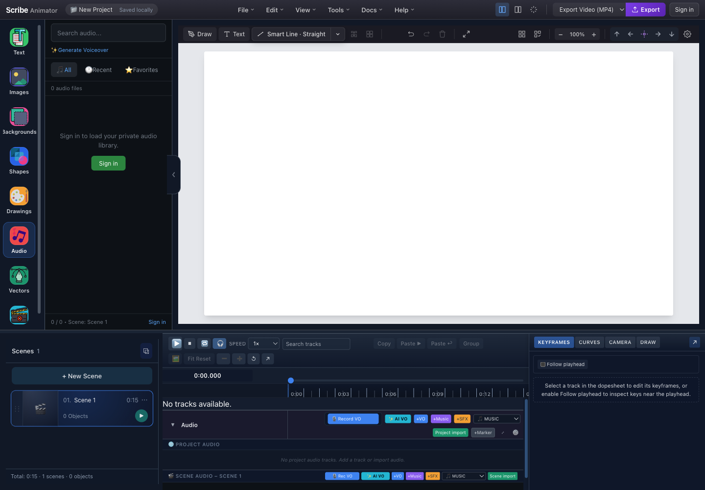 Scribe Animator Audio library with project and scene audio controls below the canvas