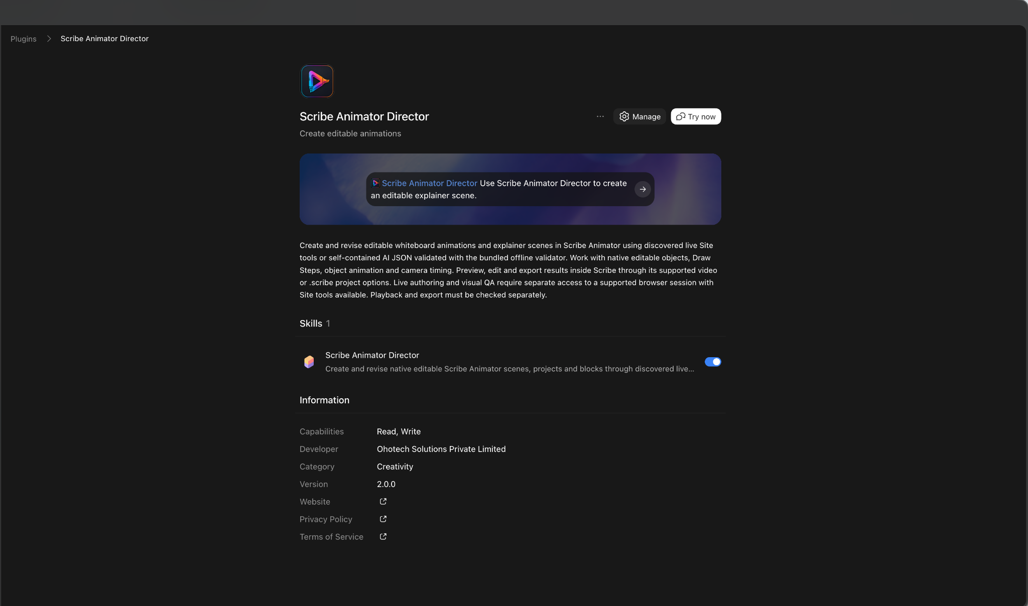 The real installed Scribe Animator Director detail screen in Codex showing Manage, Try now, the enabled skill toggle, developer, and version 2.0.0