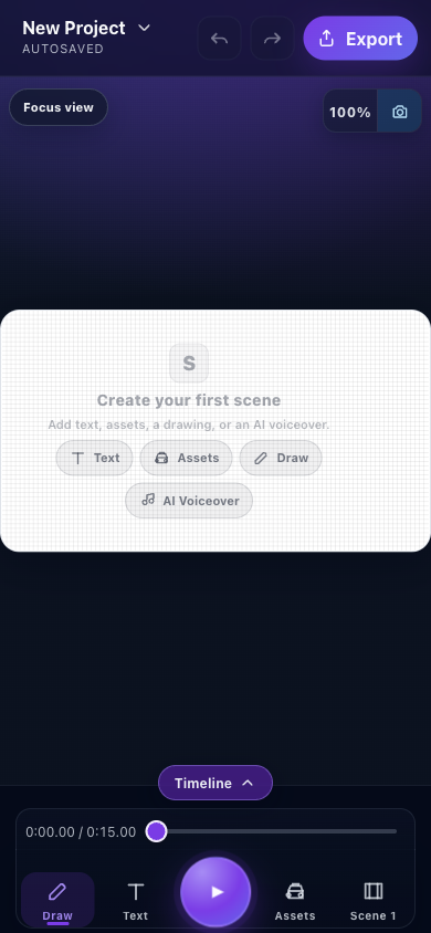 Scribe Animator Mobile Lite workspace with the project bar, canvas, quick actions, timeline, transport, and primary creation tools