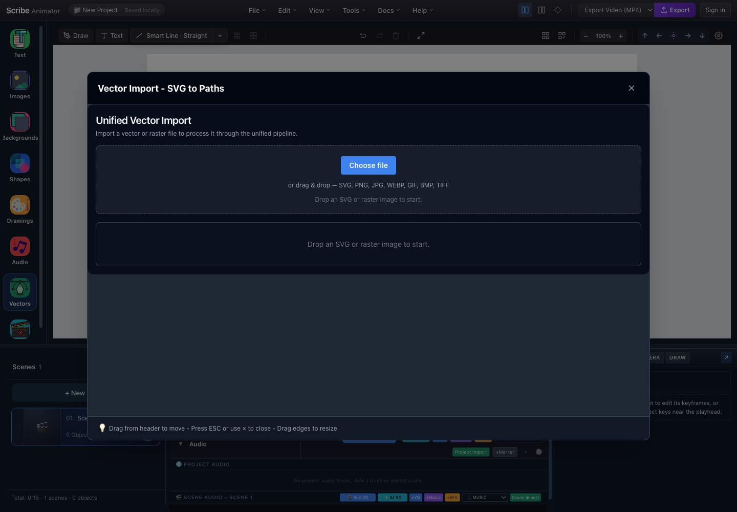 Scribe Animator Vector Import modal showing file intake and the processing preview area