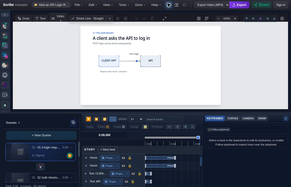 Actual first API login scene at 9.000 seconds with separate Client App and API cards, a request packet, native labels, and an attached connector