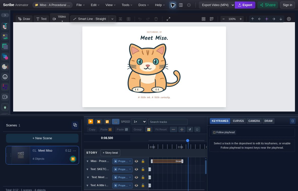 Actual completed Miso procedural cat at 8.500 seconds, with its face and striped body drawn and the native title above