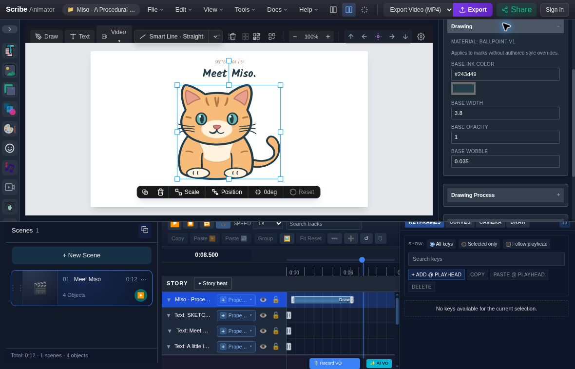 Actual Miso Drawing properties showing Base Ink Color 243d49 and a note that it applies to marks without authored style overrides