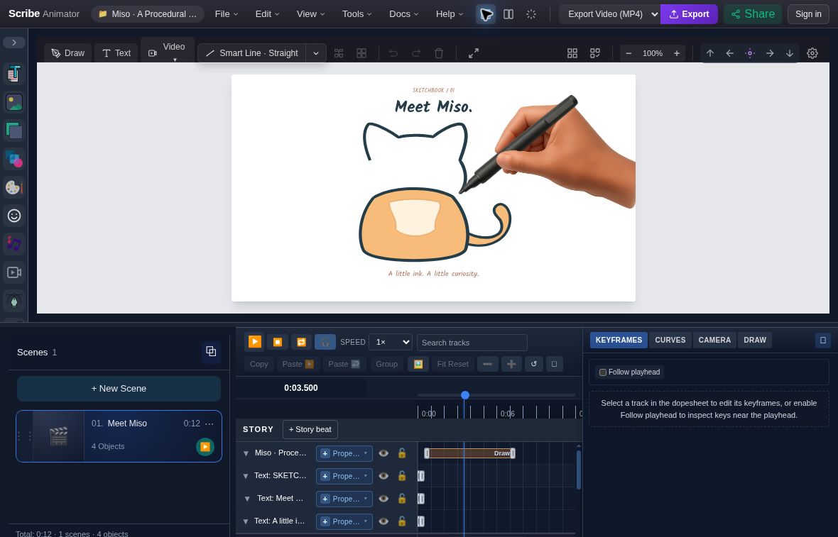 Actual Miso procedural cat partway through its drawing at 3.500 seconds with the real hand and pen visible