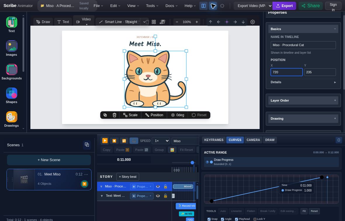 Actual selected Miso procedural cat shifted right at 11.000 seconds with Properties Basics X set to 720