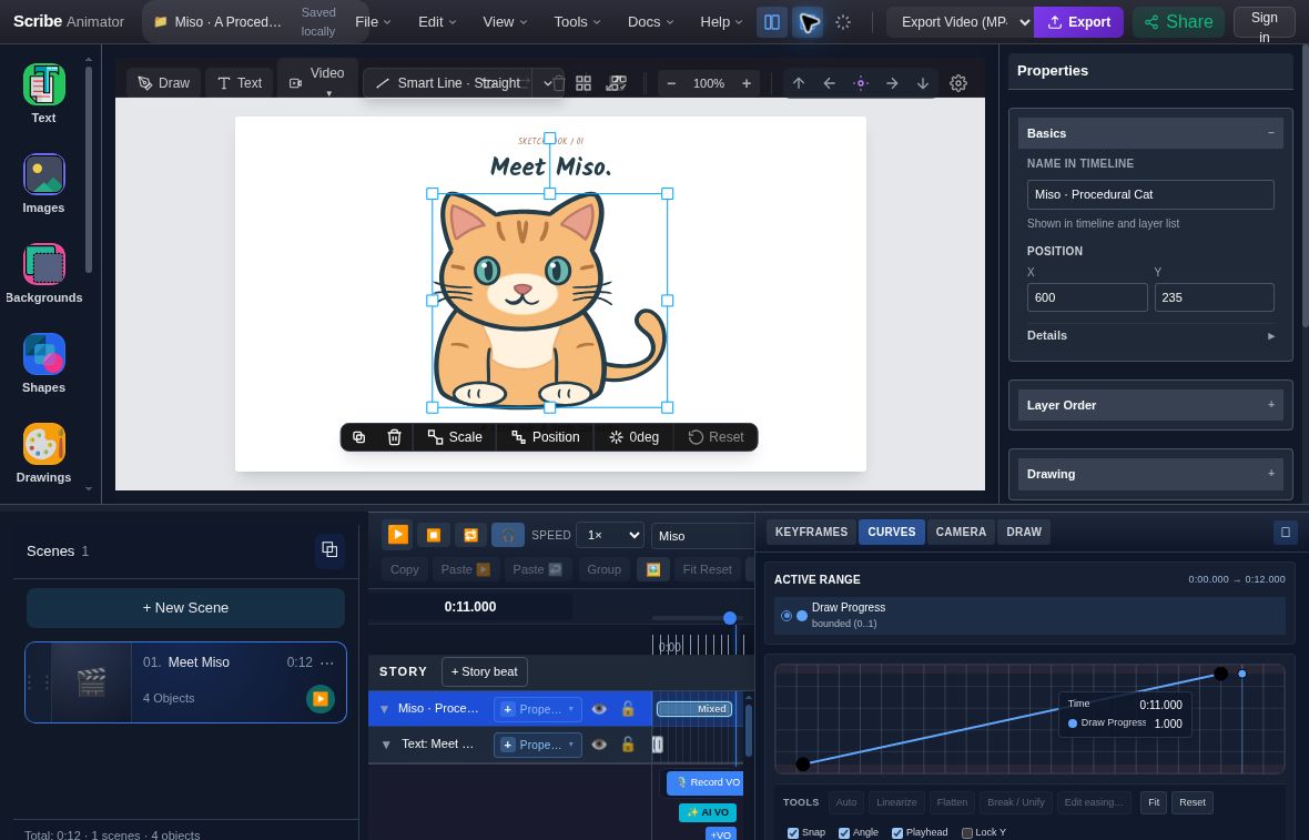 Actual selected Miso procedural cat at 11.000 seconds with Properties Basics X set to 600