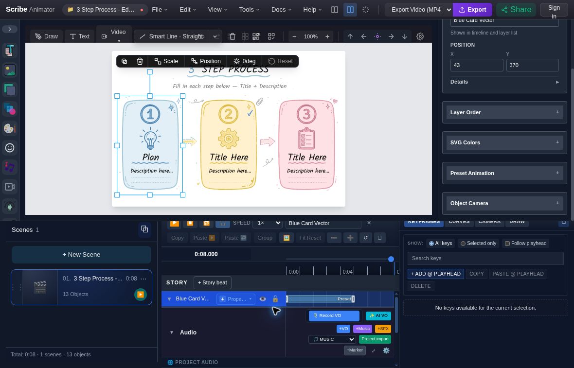 Actual selected Blue Card Vector with Basics X set to 43 and its timeline lock control visible