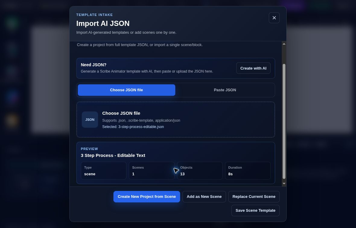 Actual Import AI JSON validated preview for a three-step process with one scene, thirteen objects, eight seconds, and Create New Project from Scene
