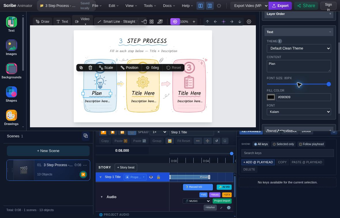 Actual restored three-step project with Step 1 Title still reading Plan in both the canvas and Properties Content field